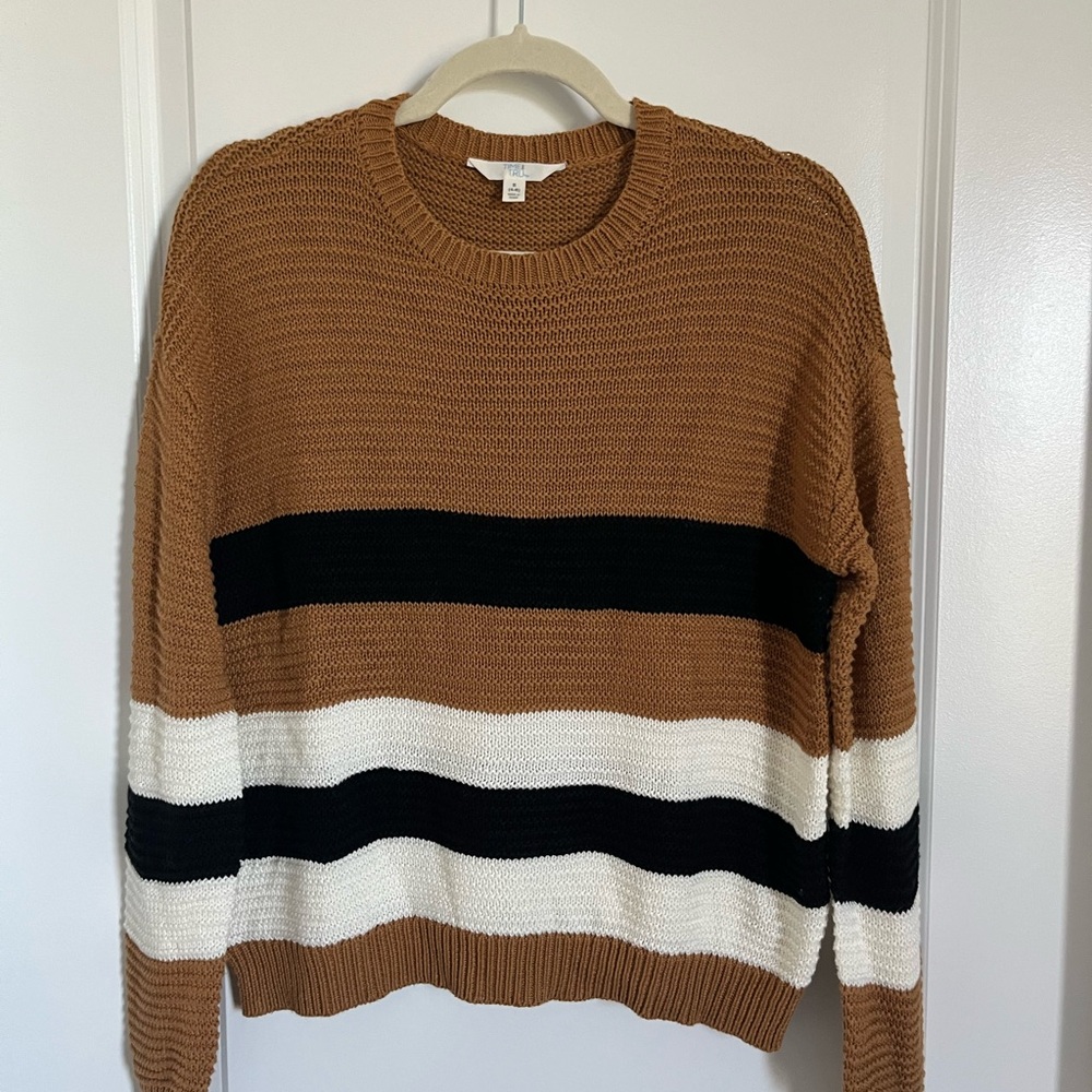 Time and Tru Striped Tan, Black, and White Women's Sweater